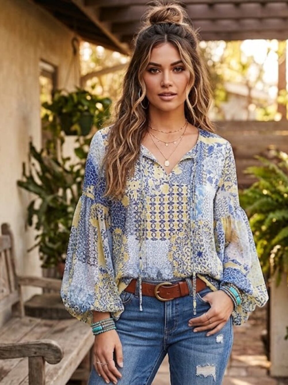 Live & Let Liv Boho Patchwork Floral Tie-Front Top Blue Yellow M